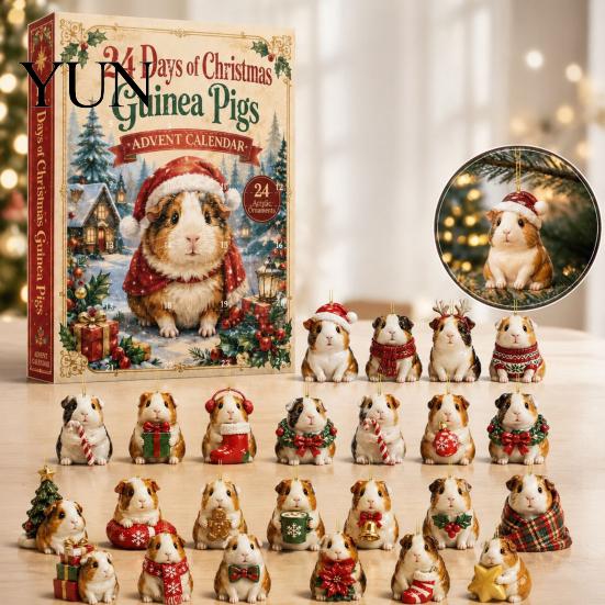 Holiday Hanging Ornaments Guinea Pig Advent Calendar, 24-Day Acrylic 2D Ornament Set with Christmas Decorations Outfits, Tree Decor, Gift for