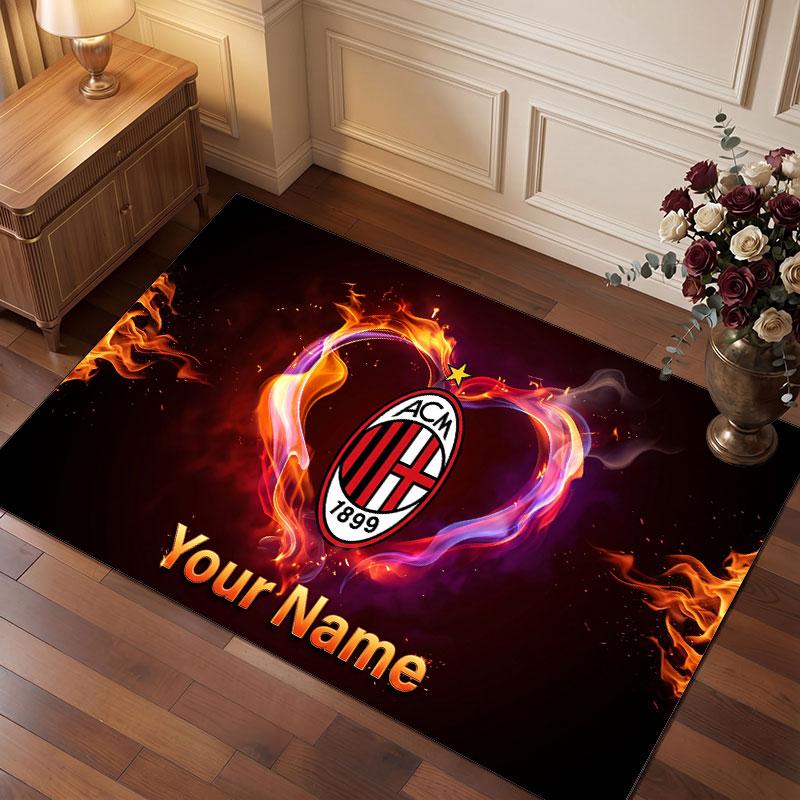 AC Milan Custom Crystal Velvet Rug, Personalized Name Text Print, Football Logo Soft Non‑Slip Floor Mat Home Decor Gift