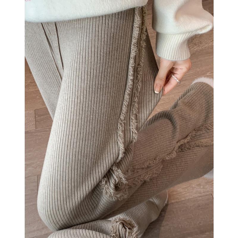 Women's Fringed Knit Wide Leg Pants High Waisted Straight Leg Pants