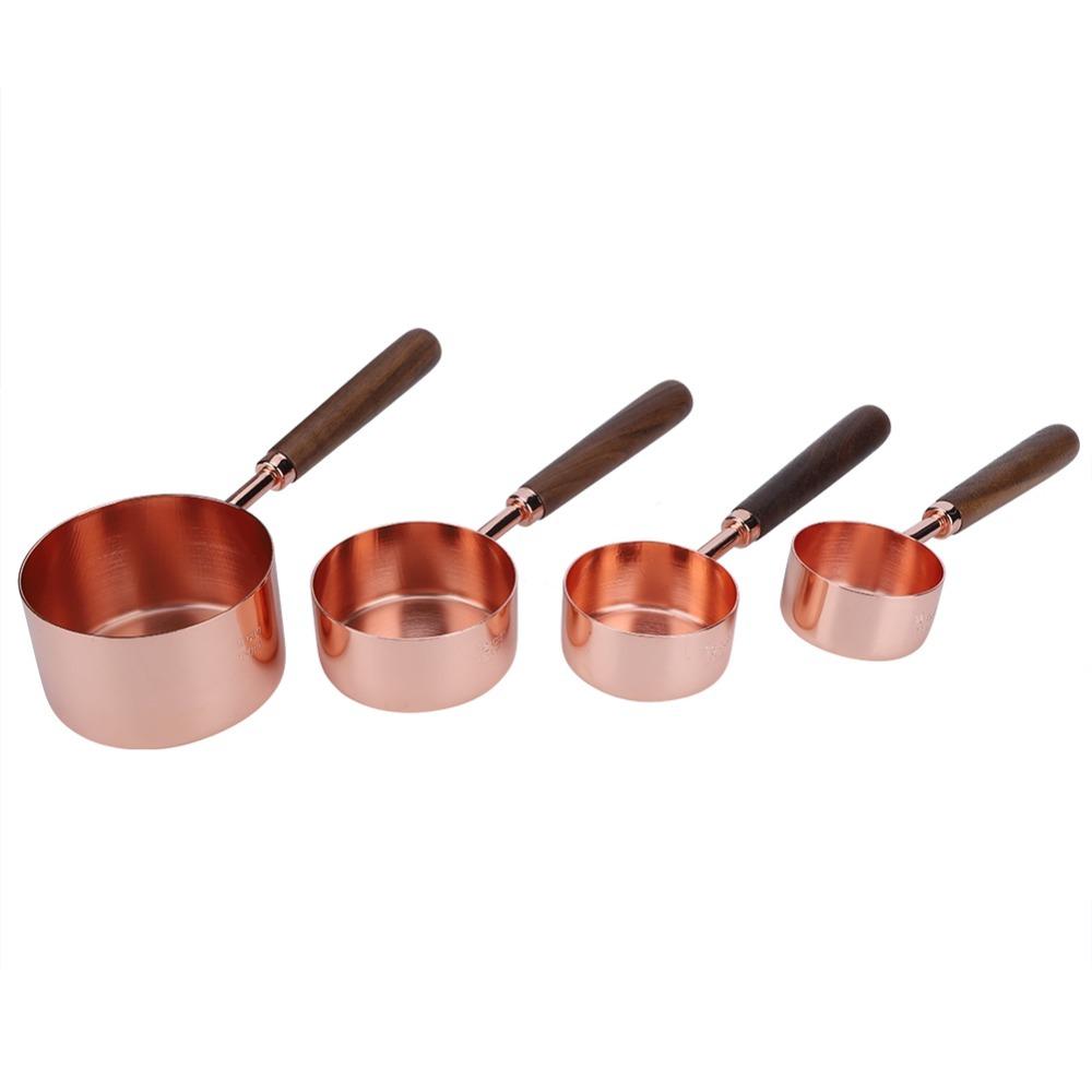 4PC Set Wooden Handle Measuring Cup Set Rose Gold Finish Kitchen Measuring Tools For Baking