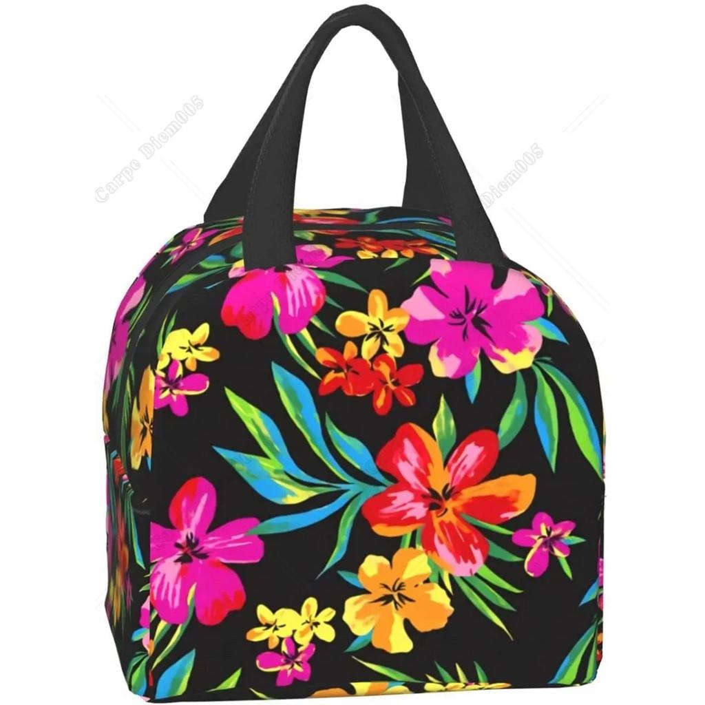 Hawaiian Pattern Flower Portable Lunch Bag Insulated Cooler Tote Box for Travel Picnic Work One Size for Men Women