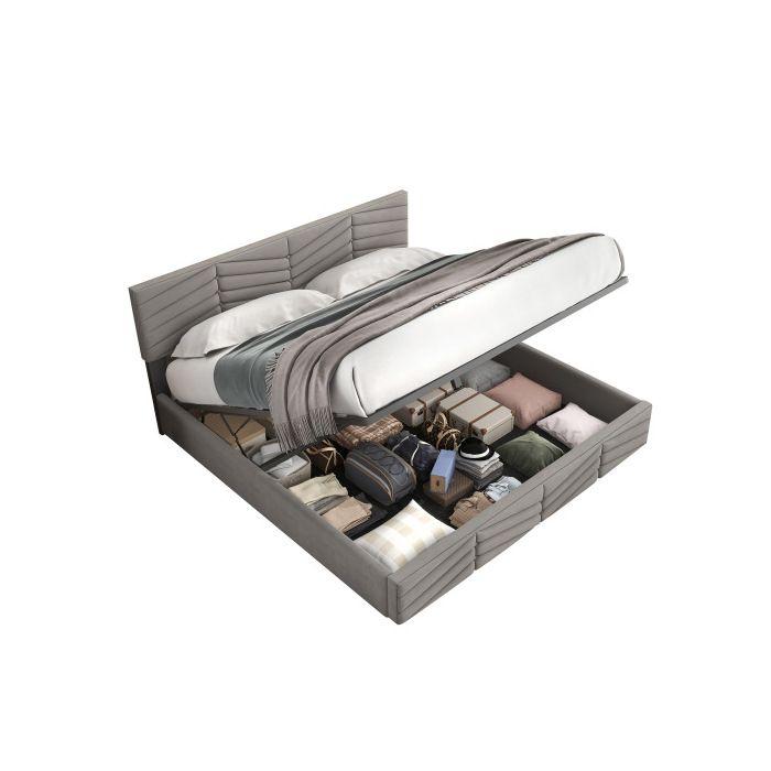 Lit - MUVOE - 140 x 190 cm - Tête de lit réglable - Velours rayé - Fonction de stockage