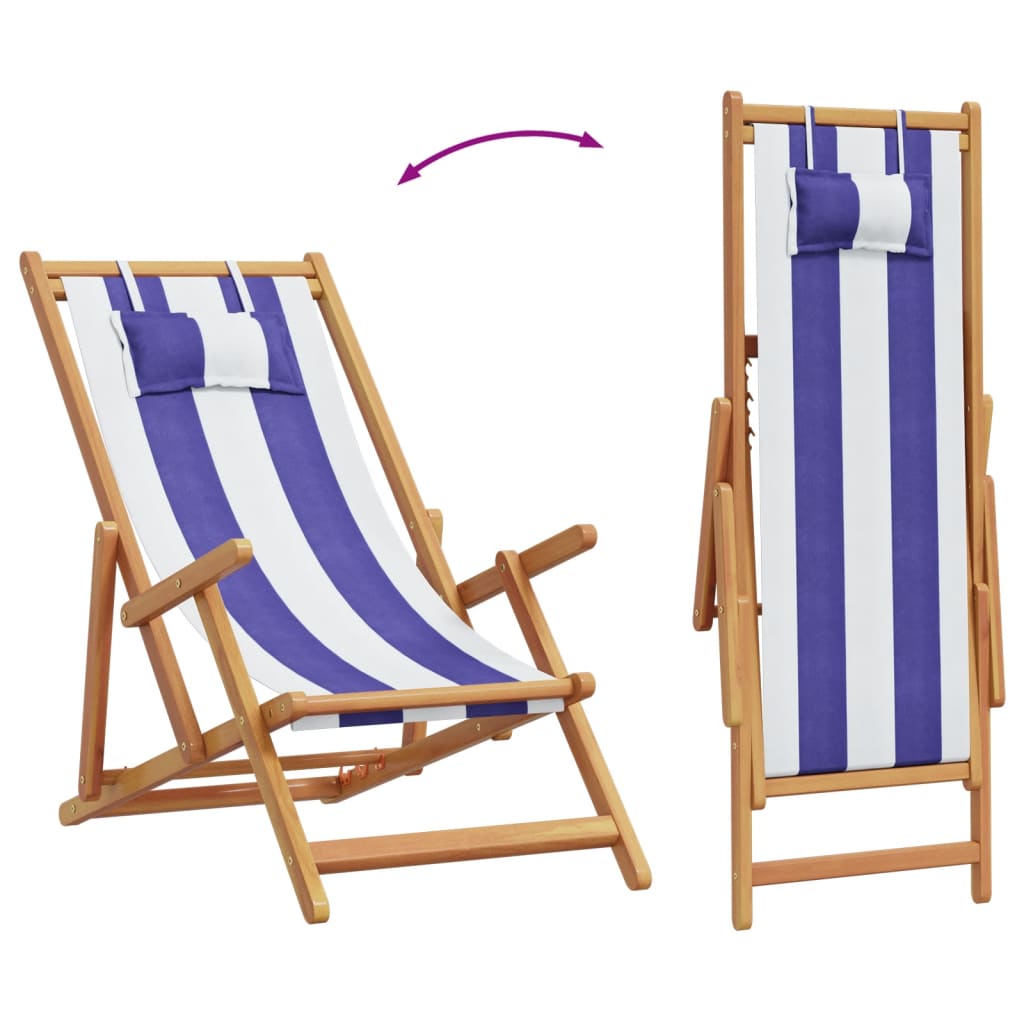 Folding Beach Chair Blue & White Solid Eucalyptus Wood and Fabric