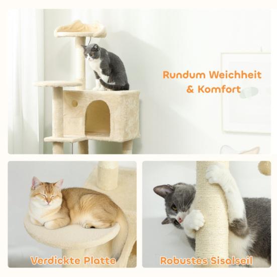 Cat Tree 160cm Cat Tower with Hammock, Ladder, Cave, 2 Plush Balls, Sisal Posts, 48 x 48 x 160cm,