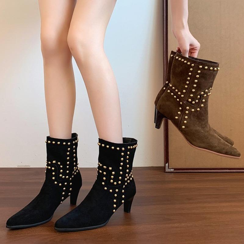 Elegant Suede Women Ankle Boots High Heels Pointed Toe Shoes Winter Pumps New Trend Goth Fashion Chelsea Short Botas Mujer