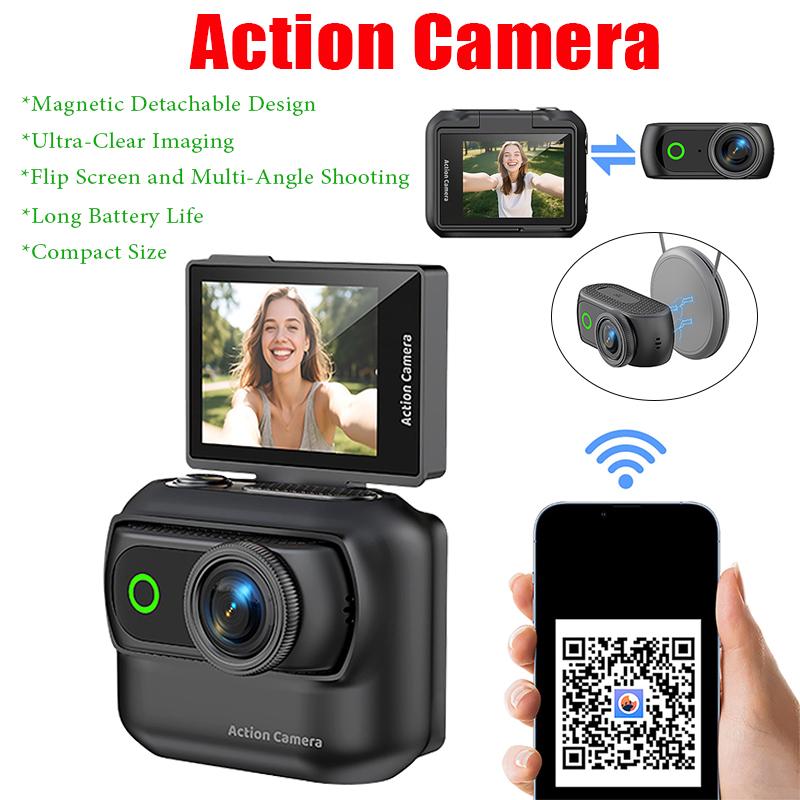 Portable Palm-Sized Action Camera with 2.0in Flip Screen 1080P 4K HD Magnetic Detachable Mini Cam for Day or Night Vlog Shooting