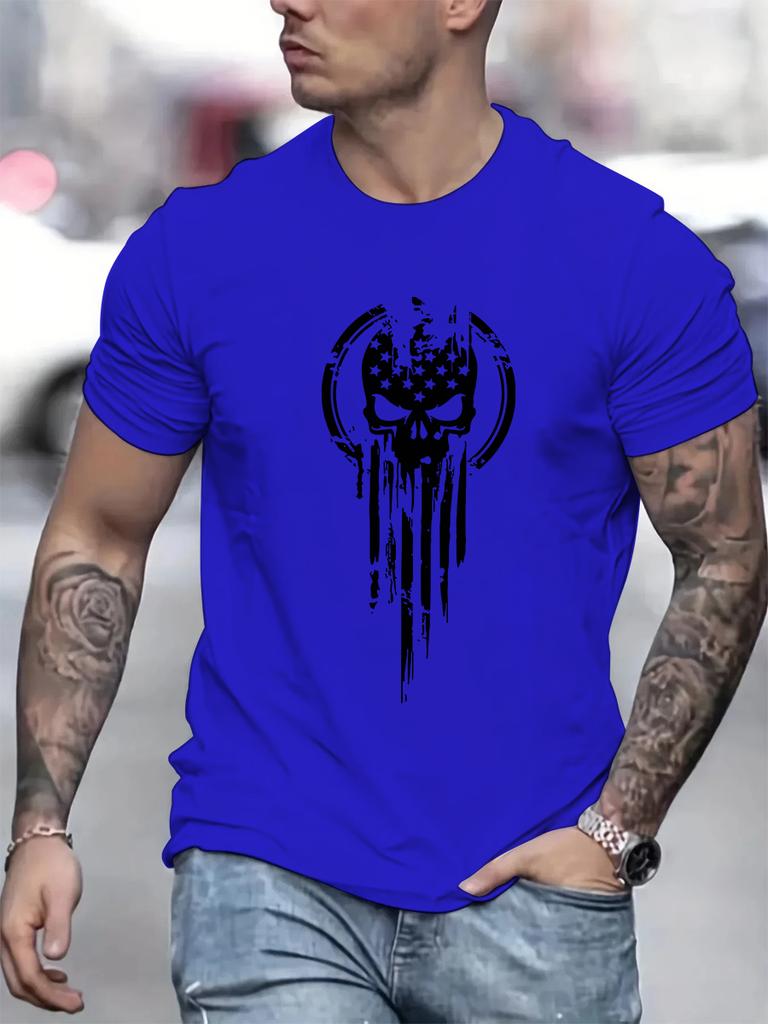 Men's Summer Loose Size 100% Cotton Skull Print Casual Slim Fit Round Neck Short Sleeve T-shirt Top O-neck Pactwork Casual T