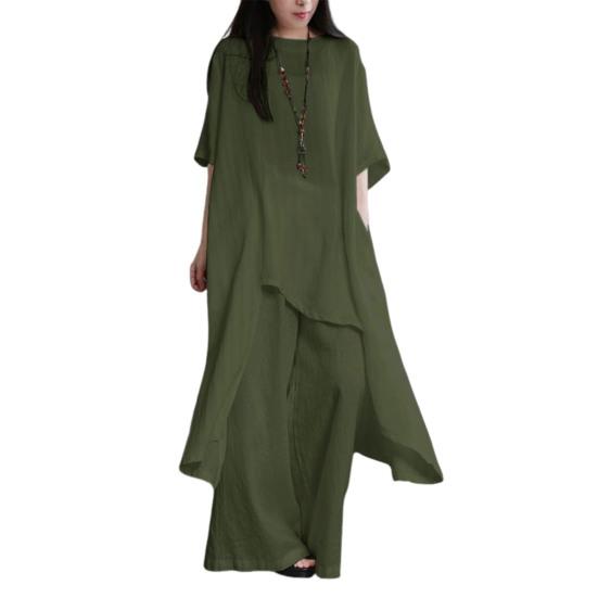 Yousheng комплект из 2 предметов: хлопковый лен, топы, брюки, комплект с круглым вырезом, рукавами до локтя, неровный подол, топы с высокой талией, длинные брюки, комплект, однотонный повседневный наряд