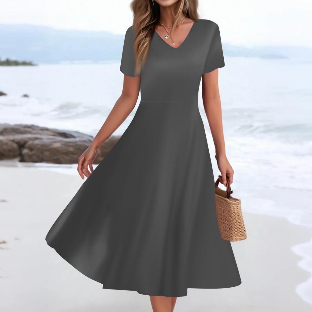 Женское летнее повседневное модное платье с принтом и карманом, коротким рукавом и V-образным вырезом