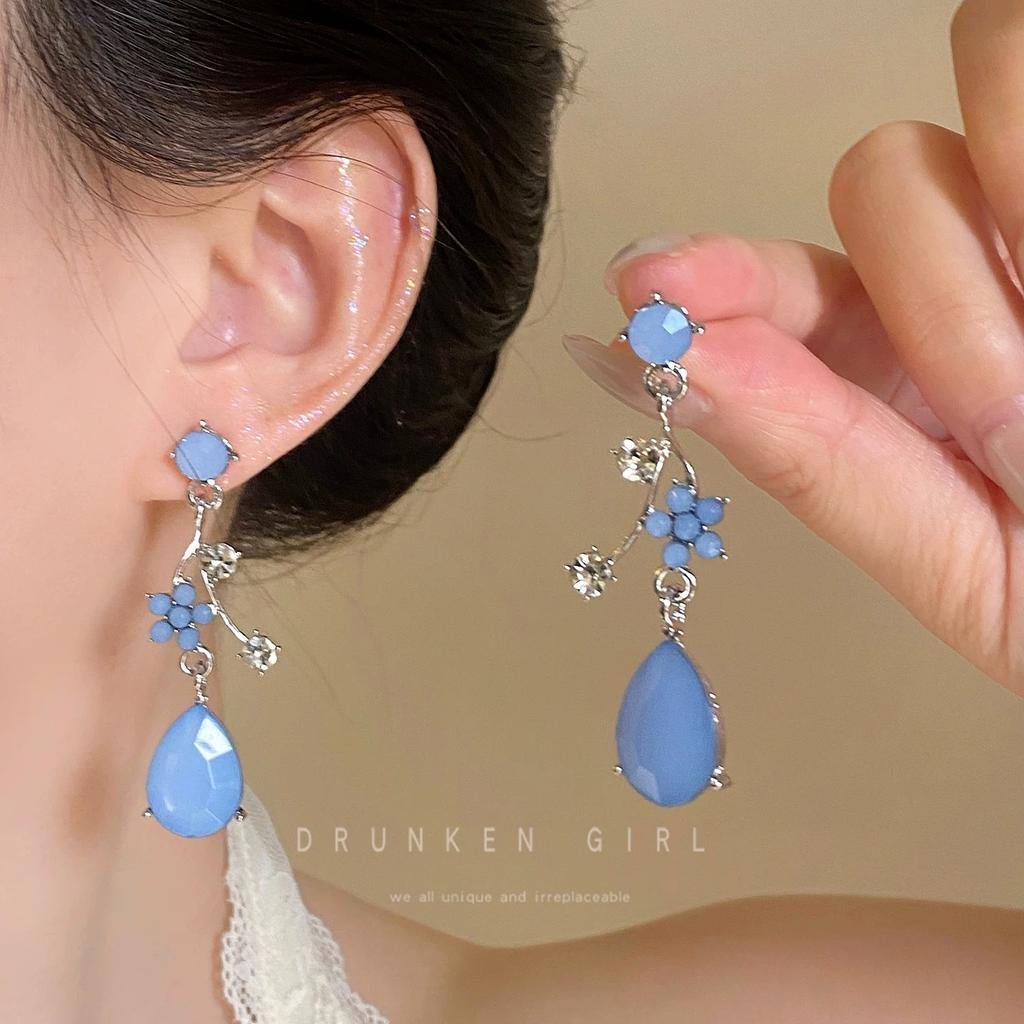 Premium Court Lily of the Valley Blue Water Drop Necklace Earrings Set, Gorgeous Temperament Dress Matching Decorative Jewelry for Girls