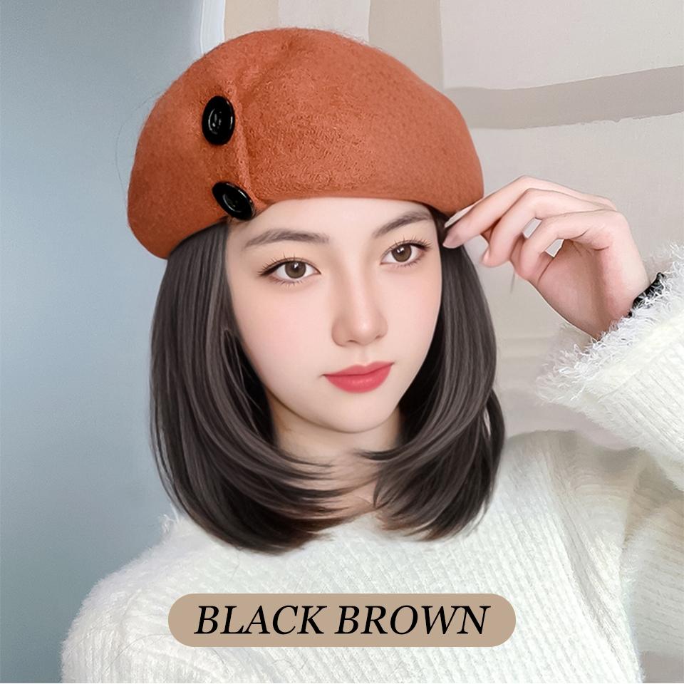 WTB Synthetic Hat Wig Female Autumn and Winter Button Woolen Short Straight Clavicle Beret Temperament Joker Wig