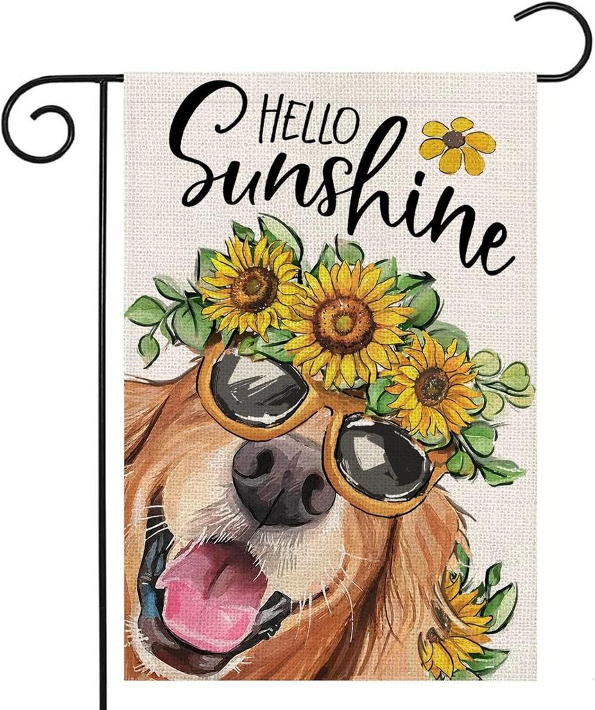 Summer Garden ags 12x18 Inch Double Sided,Hello Sunshine Dog with Sunowers Small Yard ags for Outside,Seasonal Spring WZZ