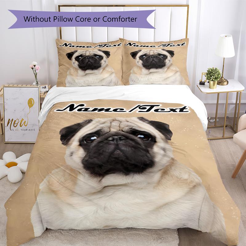 3PC Custom Name Pug Dog Portrait Background Bedding Set Duvet Cover Closure Includes 1 Duvet Cover & 2 Pillowcases for Bedroom