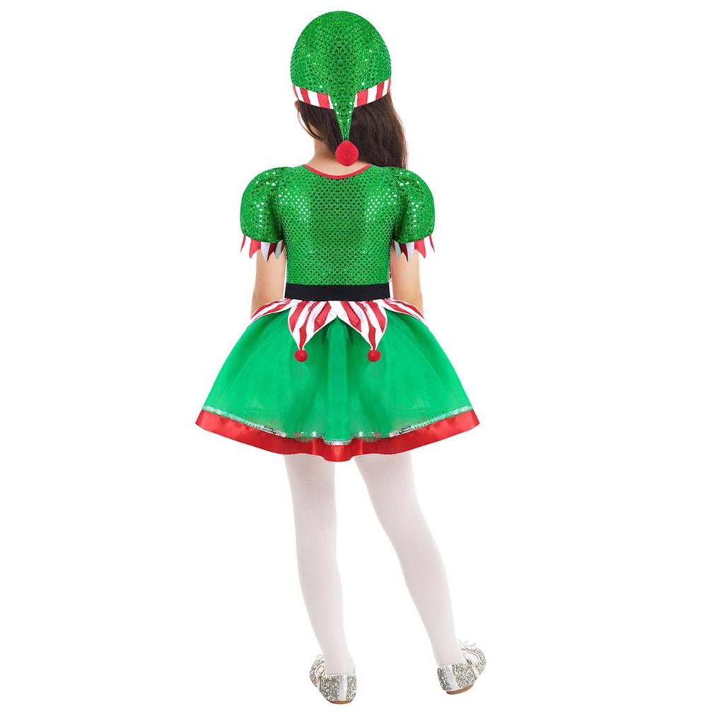 Kids Girls Christmas Holiday Outfit Santa's Elf Cosplay Costume Xmas Fancy Dress with Hat