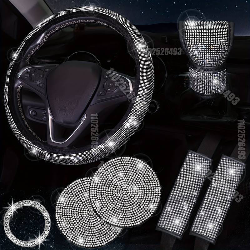 Комплект из 7/2 предметов для салона автомобиля со сверкающими стразами, стильный полиэстеровый чехол для защиты рулевого колеса, подставки под чашки