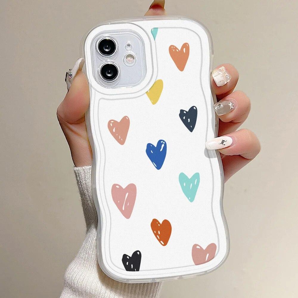 Love Heart Wavy Phone Case For iPhone 15 14 13 11 12 Pro Max 7 8 14 15 Plus X XR XS Max SE 2020 Shockproof Soft Clear Back Cover