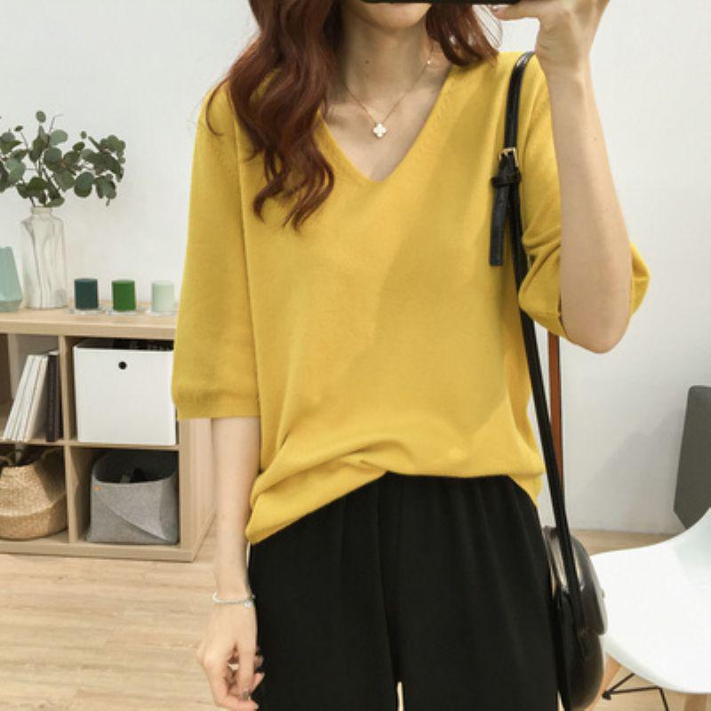 2025 Summer V-Neck Knit Short Sleeve Women's Slimming Top