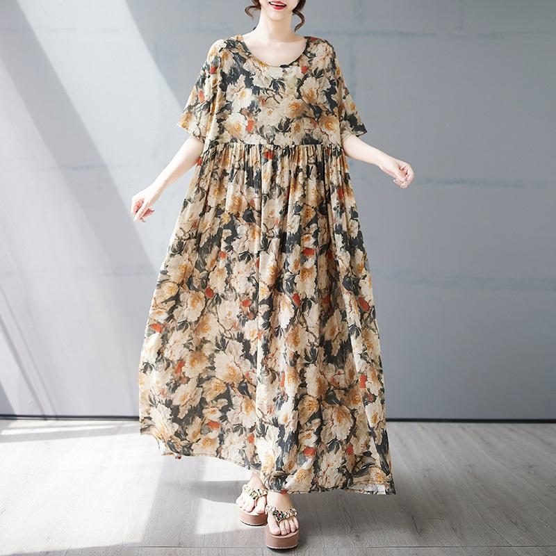 Новые платья из хлопка с короткими рукавами больших размеров и цветочным принтом для женщин, повседневные свободные длинные летние платья