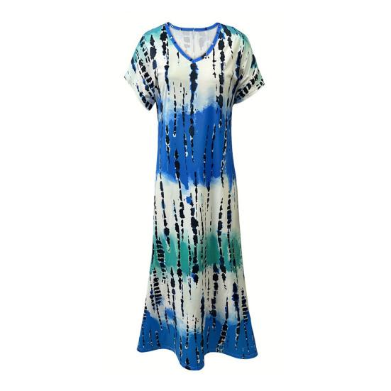 Women Summer Dress V-Neck Short Sleeve Side Slit Design Maxi Dress Tie Dye Print