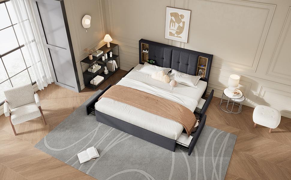 Double Bed with Wireless Charging USB C & 4 Drawers, Upholstered Bed Frame 160x200cm, Wooden Slatted Frame-Grey Linen (With Mattress)