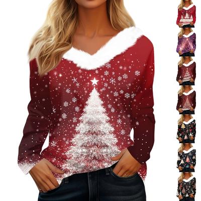 Женская мода повседневная толстовка с длинным рукавом и рождественским принтом, плюшевый воротник, V-образный вырез