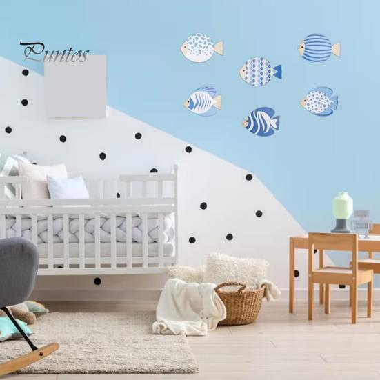 Adhesive Fish Cutouts for Walls 6Pcs Wooden Wall Decor, Marine Striped Ocean Theme Stickers, Self-Adhesive Nature Inspired Art Coastal Beach Kids Room