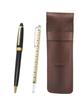Коричневый кожаный пенал из зернистой коровьей кожи с выдвижной измерительной линейкой и шариковой ручкой Neo черного цвета D-600 в наборе, SASTYO-708W-600B-B