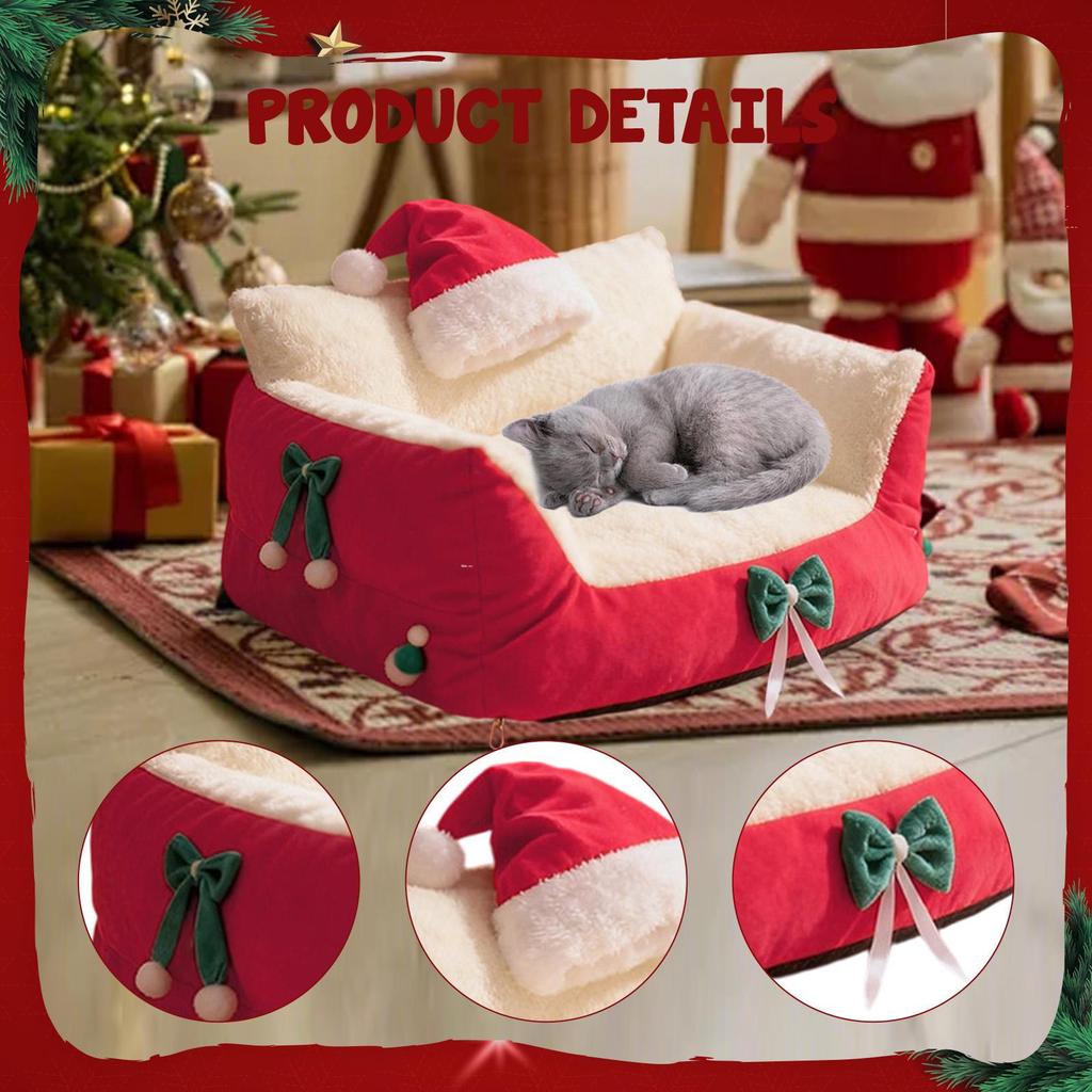 Cat Bed Sofa Pet Couch As Cute Furniture with Christmas Hat And Bows, Scratch-resistant