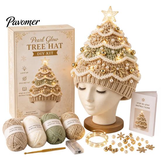 Parent Child Interaction Craft Christmas Tree Crochet Hat DIY Kit, Beginner-Friendly Light-Up Handmade Gift for Friends Complete Kit with Yarn, Tools,