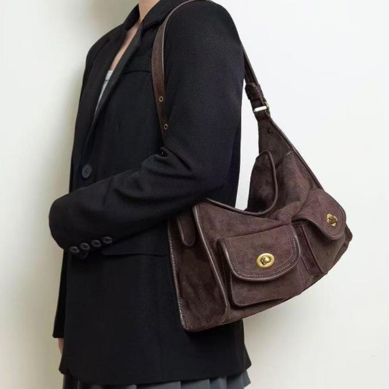 Retro Fashion Suede Shoulder Bag Multiple Pockets Motorcycle Crossbody Bag Underarm Bag Large Capacity Commuter Bag New Handbag