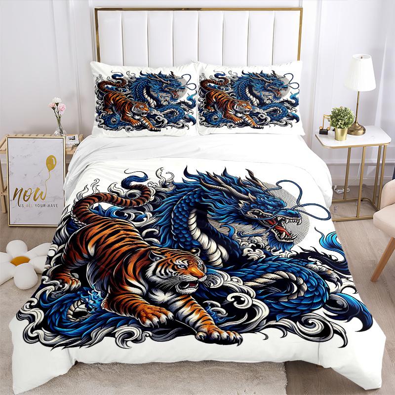 3pcs Blue Dragon vs Tiger Bedding Set - Includes Quilt Cover and Pillowcases, Suitable for All Seasons, Machine Washable - Ideal Gift for Family