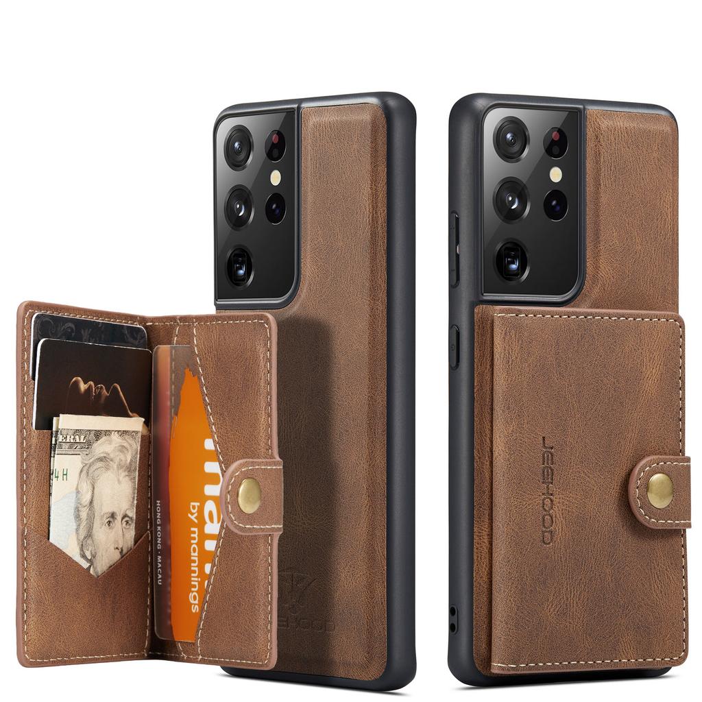 For Samsung Galaxy S21 Ultra 5G Case JEEHOOD J01 Retro Leather Phone Back Cover with Detachable Magnetic Card Holder