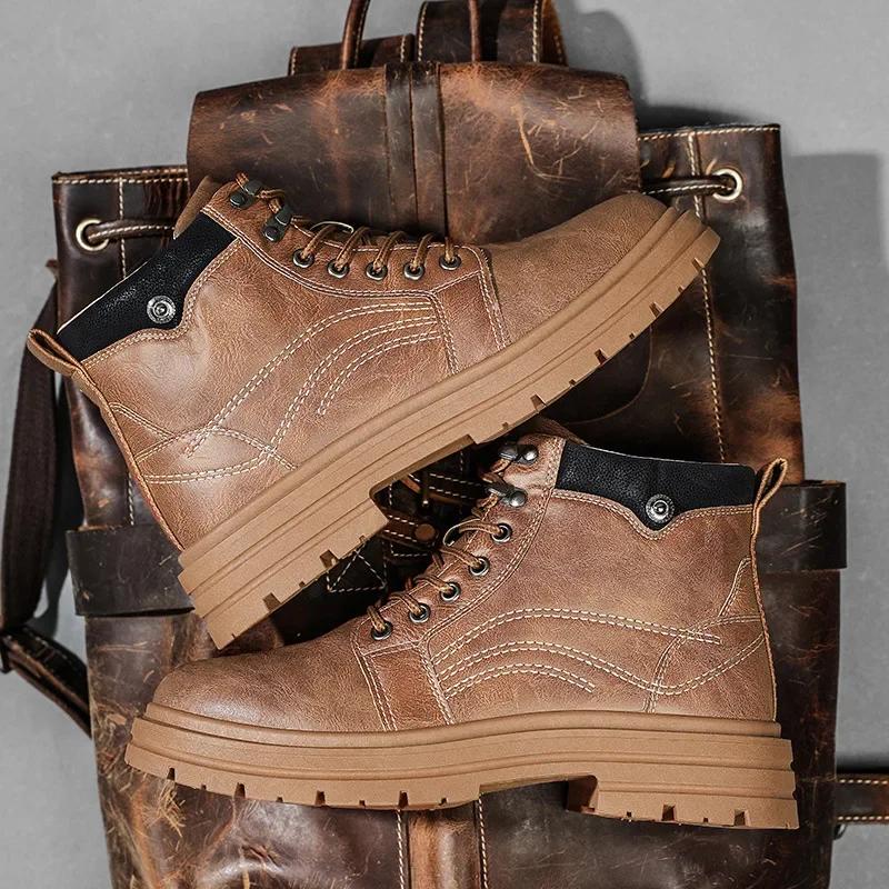 Men Retro British High Top Leather Motorcycle Boots Fashion Casual Ankle Boots