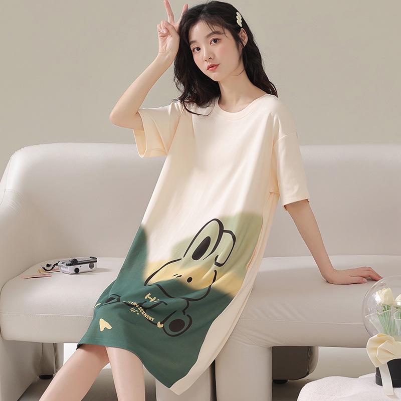 2024 Women's Cute Cartoon Summer Short-Sleeve Nightdress, Thin Large Size, Indoor/Outdoor Wear