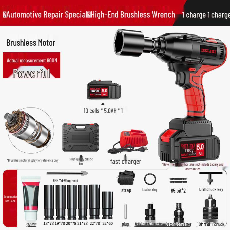 Delixi High Torque Brushless Impact Wrench - Electric Air Wrench with Lithium Battery & Charging Board for Auto Repair.