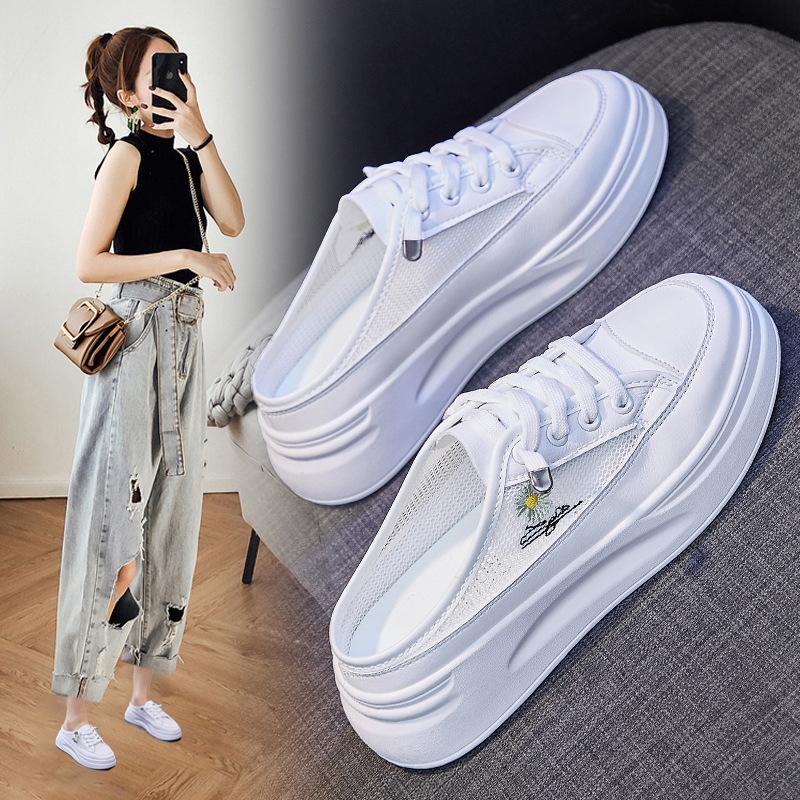 2024 Женская обувь 2024 Дышащие удобные кроссовки Женские сетчатые туфли на платформе со шнуровкой Белые женские нескользящие повседневные полутапочки