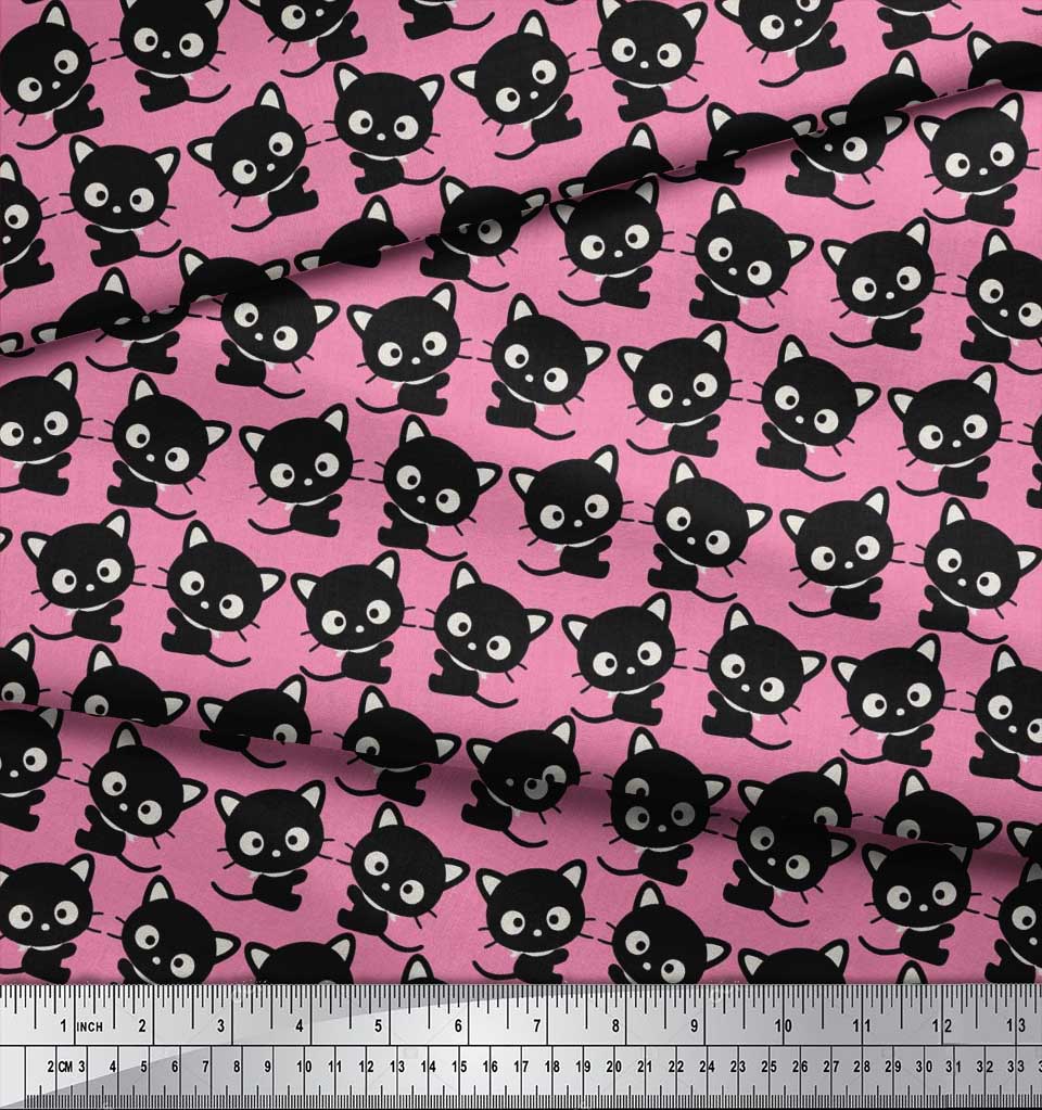 Soimoi Japan Crepe Satin Fabric Cat Cartoon Print Fabric by metre 42 Inch