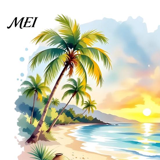 Tropical Landscape Wall Decor Sunset Palm Tree Seaside Decal, Watercolor Summer Beach Sticker, Decorative Window Film for Bathroom Coconut Art