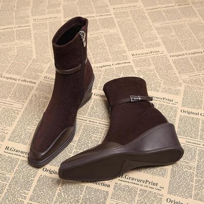 Панельные ботильоны винтажные квадратный носок замшевые боковая молния мягкая подошва нескользящие износостойкие танкетка