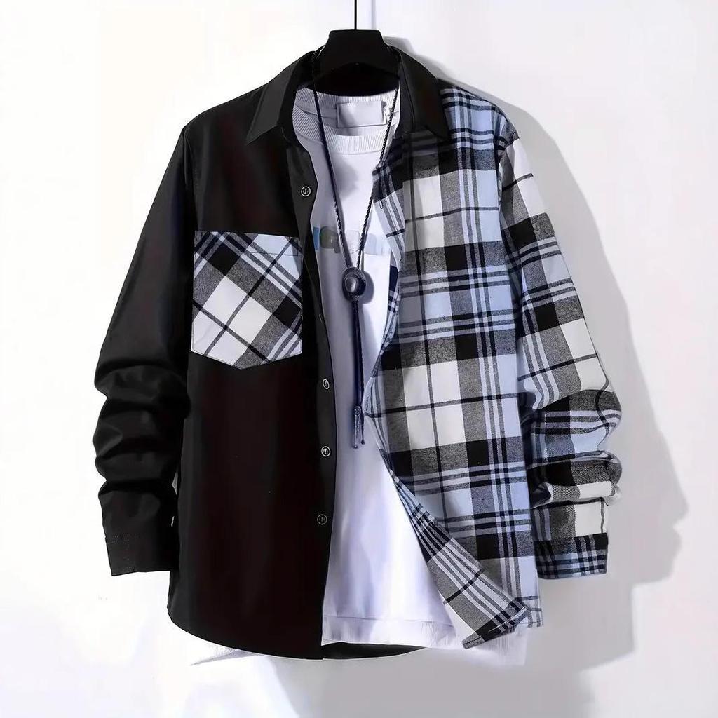 Весенне-осенняя мужская повседневная рубашка в клетку с длинным рукавом и лацканами