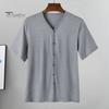 Men Button Down T-shirt Solid Color V-Neck Short Sleeve Tee Shirt Summer Casual Breathable Top for Daily Wear Street