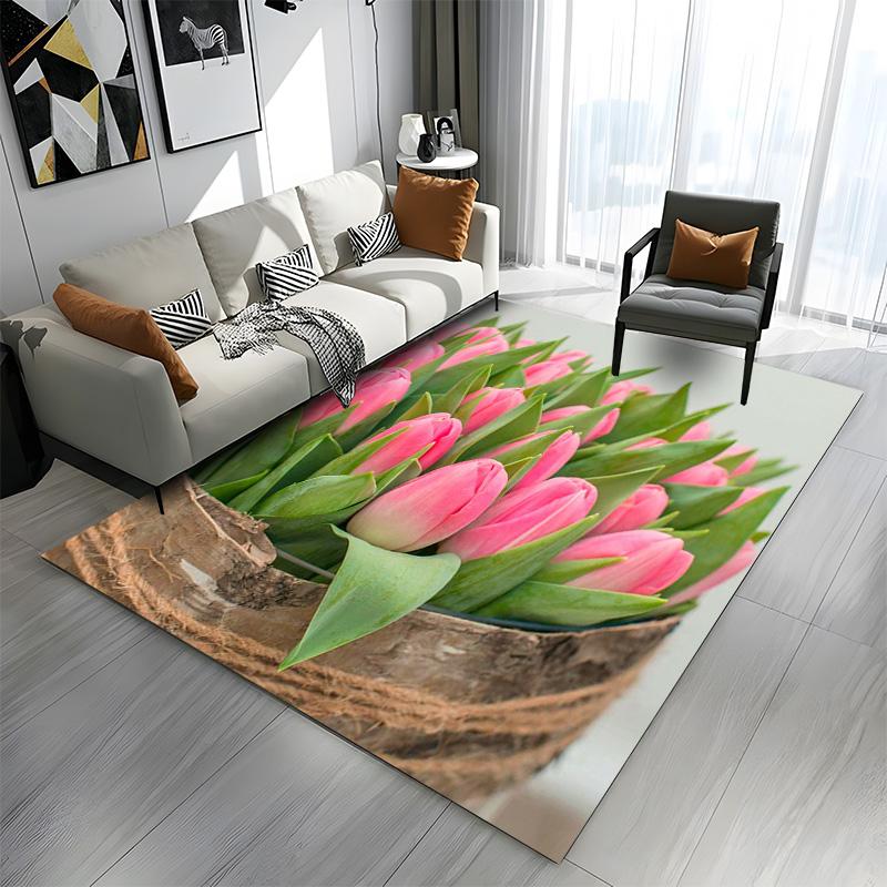 Pink Tulips in Rustic Basket Design Patterned carpet a non slip rug suitable for all seasons and any setting, gift