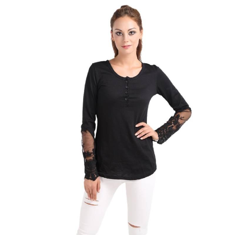 Elegant Lace Stitching Women's T-shirt Slim Fit Long Sleeve Cotton Top