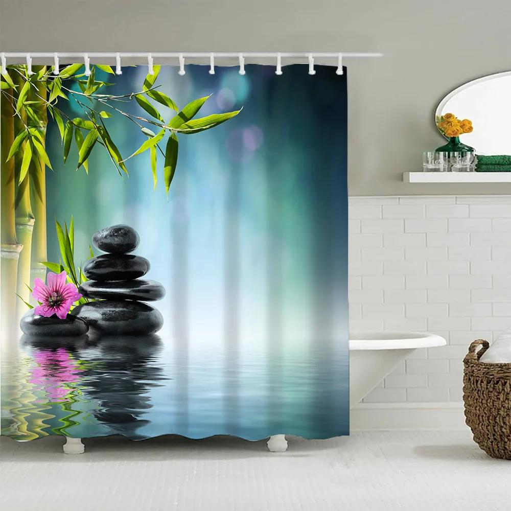 Шторка для душа Zen Garden Спа Зеленый Бамбук Черный Камень Белый Цветок Декор для Ванной Комнаты Занавески для Ванны Наборы Полиэстер Ткань