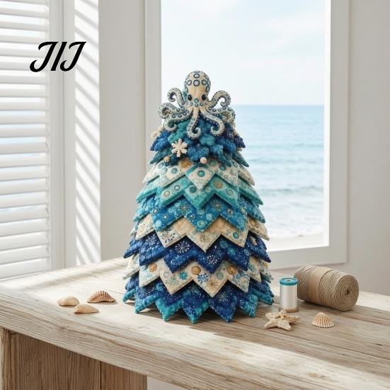 Seaside Home Decorative Ornaments DIY Quilted Ocean Christmas Tree Kit, Holiday 3D Fabric Patchwork Craft Desktop Window Decorations Coastal
