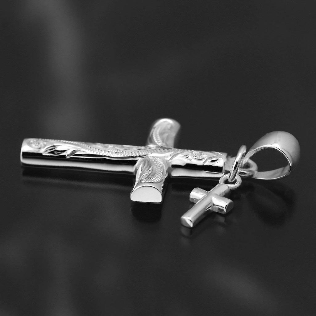 Гавайские украшения двойной крест свиток гравировка кулон ожерелье серебро 925 веревка цепь [Leilani] (с 45см)