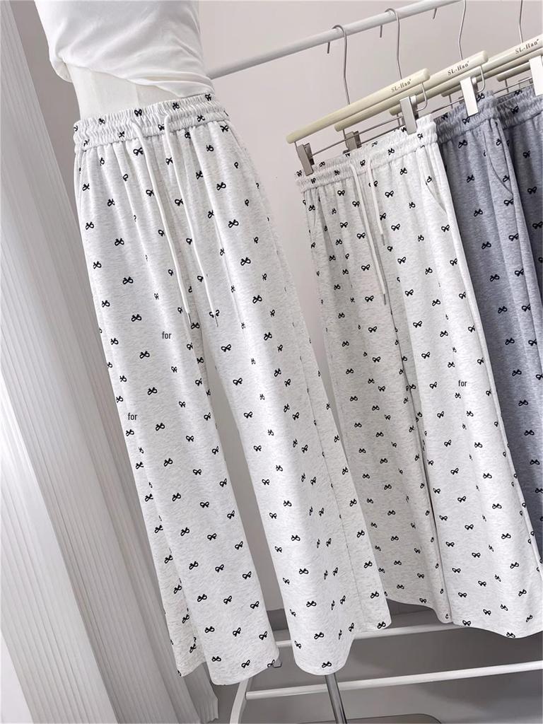 Женские повседневные брюки с высокой талией, драпировкой в виде банта и принтом - Петит, длиной до пола, с широкими штанинами, прямого кроя для весны и осени