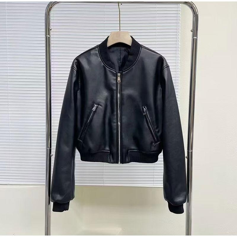 PU Street Trendy Short Fit Fashion Women Bomber Jacket Chic Cropped Leather Coat Female Stand Collar Gothic Racing Jackets Motorcycle Jacket