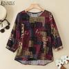 Women Casual Round Neck 3/4 Sleeve Cotton Retro Print Blouse