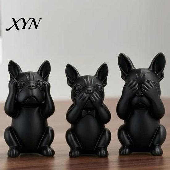 Настольное украшение Французский бульдог, Набор из 3 статуэток, 3D-печать, Матово-черная скульптура, Минималистичная фигурка бульдога, Цельнолитые фигурки для дома